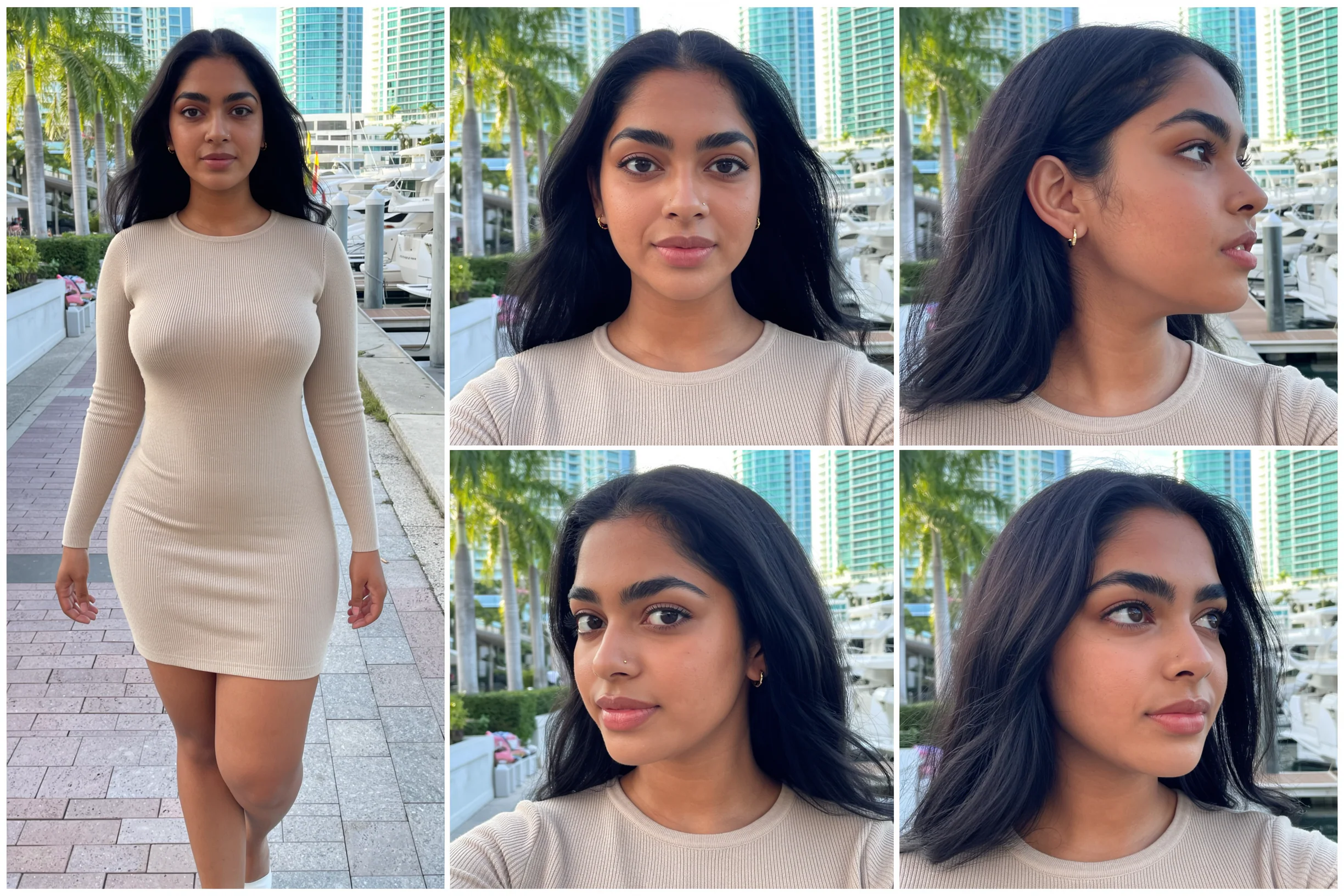 AI character sheet made with MOSS Image: a 28-year-old Indian woman in a beige knit dress at a marina, five consistent views