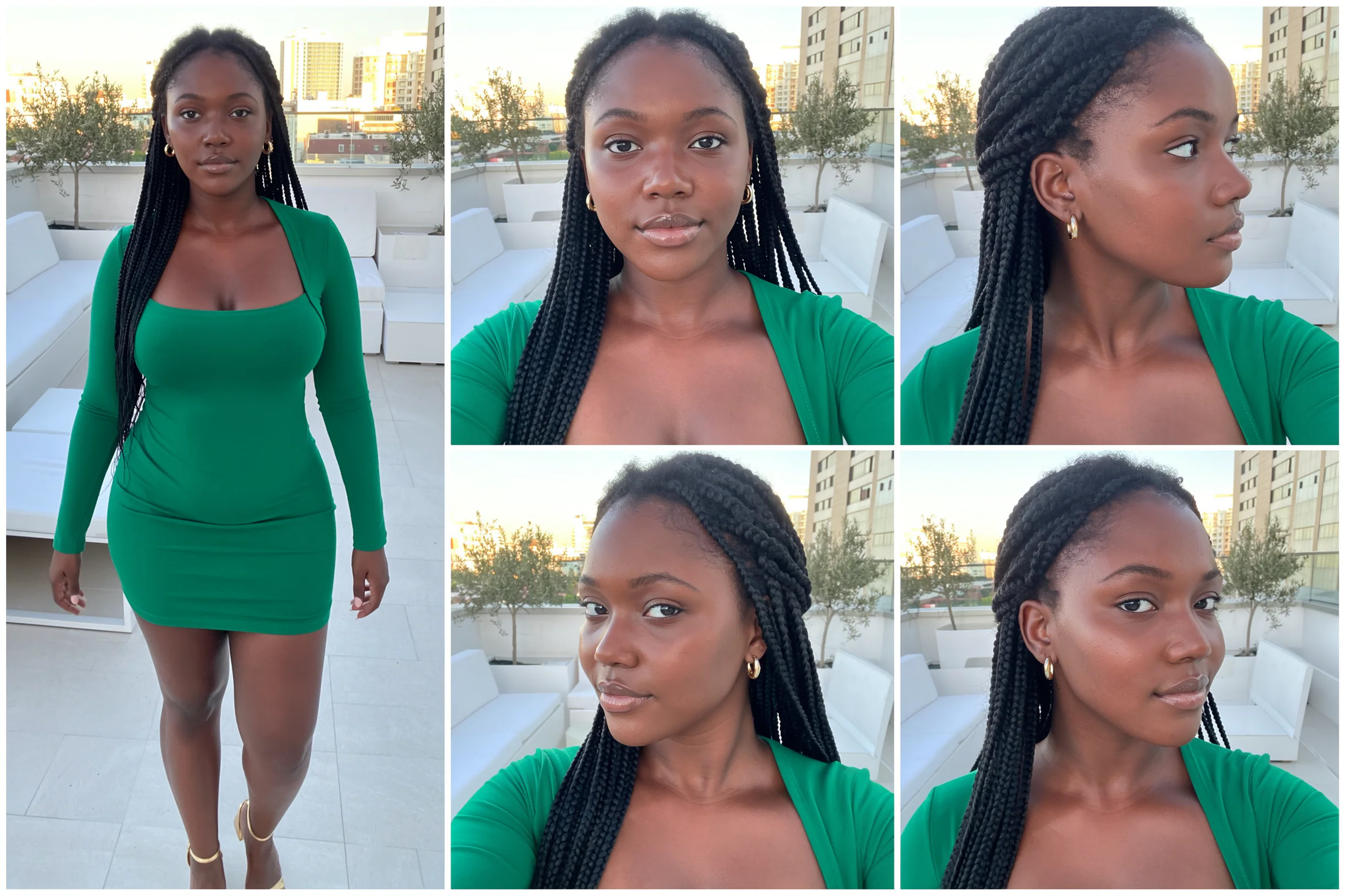 AI character sheet made with MOSS Image: a 31-year-old Nigerian woman with box braids in an emerald dress on a rooftop terrace, five consistent views