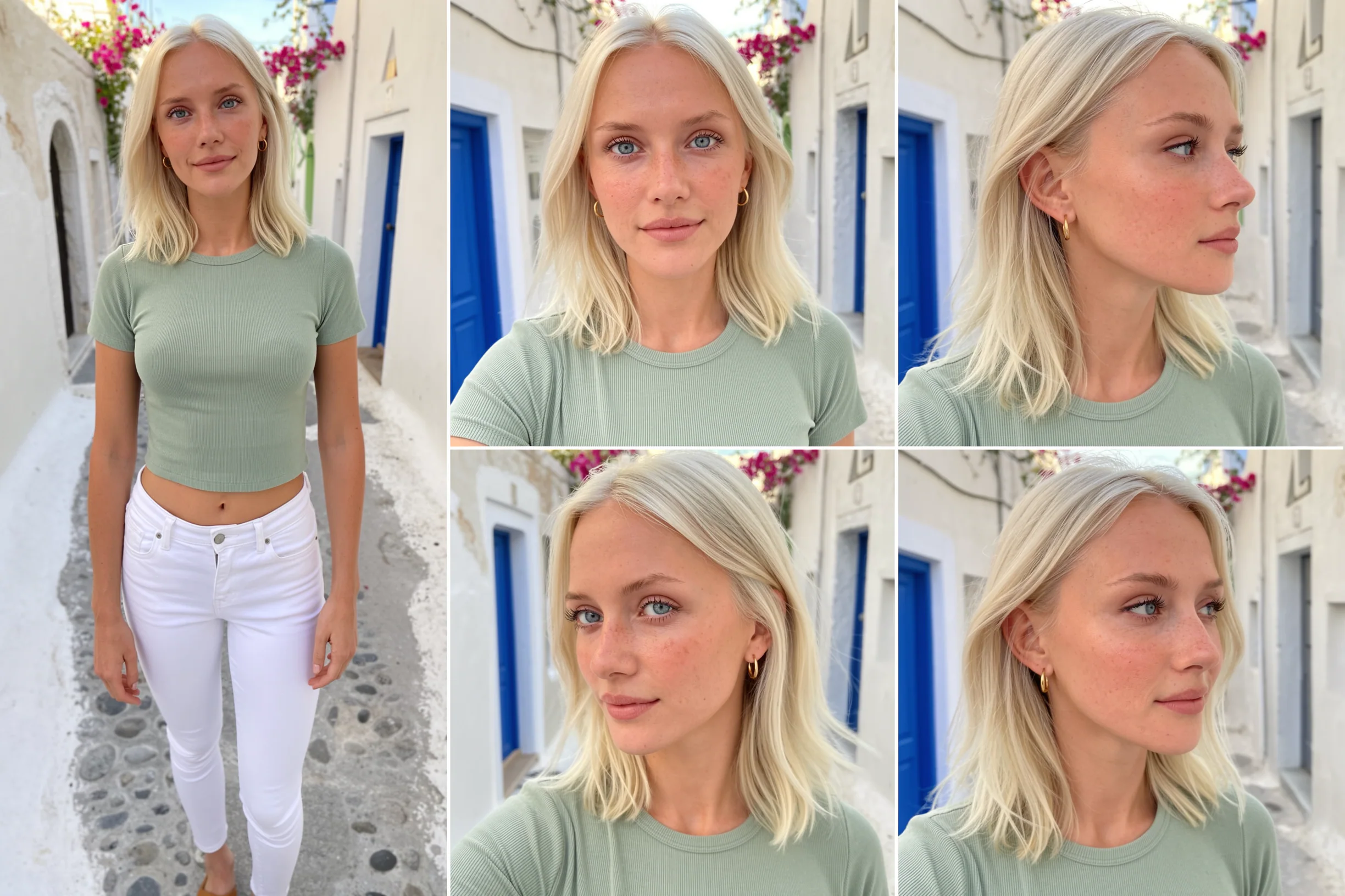 AI character sheet made with MOSS Image: a 35-year-old Swedish woman in a sage crop top and white jeans in a Santorini lane, five consistent views