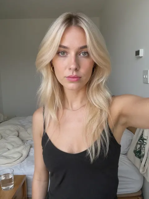 AI photo of a woman with blonde hair: black cami bedroom selfie, made with KREA 2