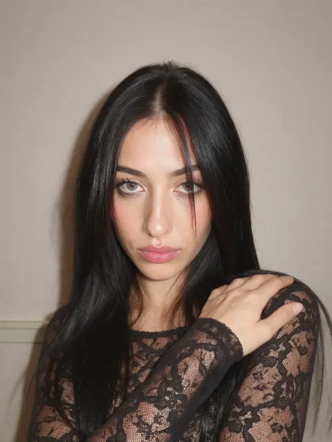 AI photo of a woman with long straight black hair: black lace top moody portrait, made with KREA 2