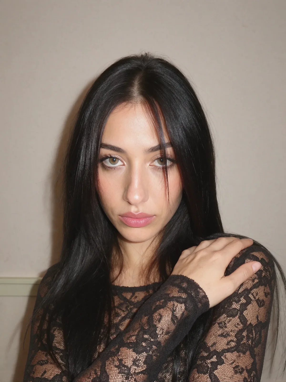 AI photo of a woman with long straight black hair: black lace top moody portrait, made with KREA 2