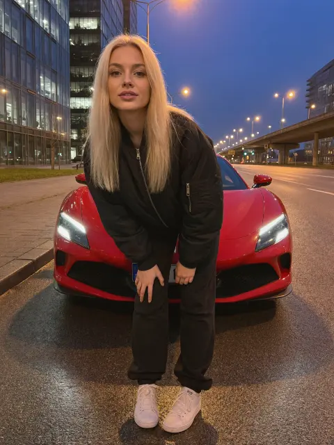 AI photo of a woman with long straight platinum-blonde hair: black tracksuit with a red supercar, made with KREA 2