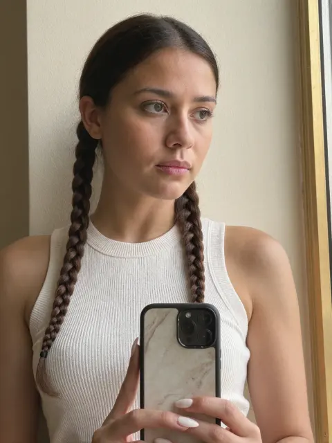 AI photo of a woman with dark brown hair: braids mirror selfie in a white tank, made with KREA 2