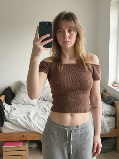 AI photo: brown off-shoulder top mirror selfie, made with KREA 2
