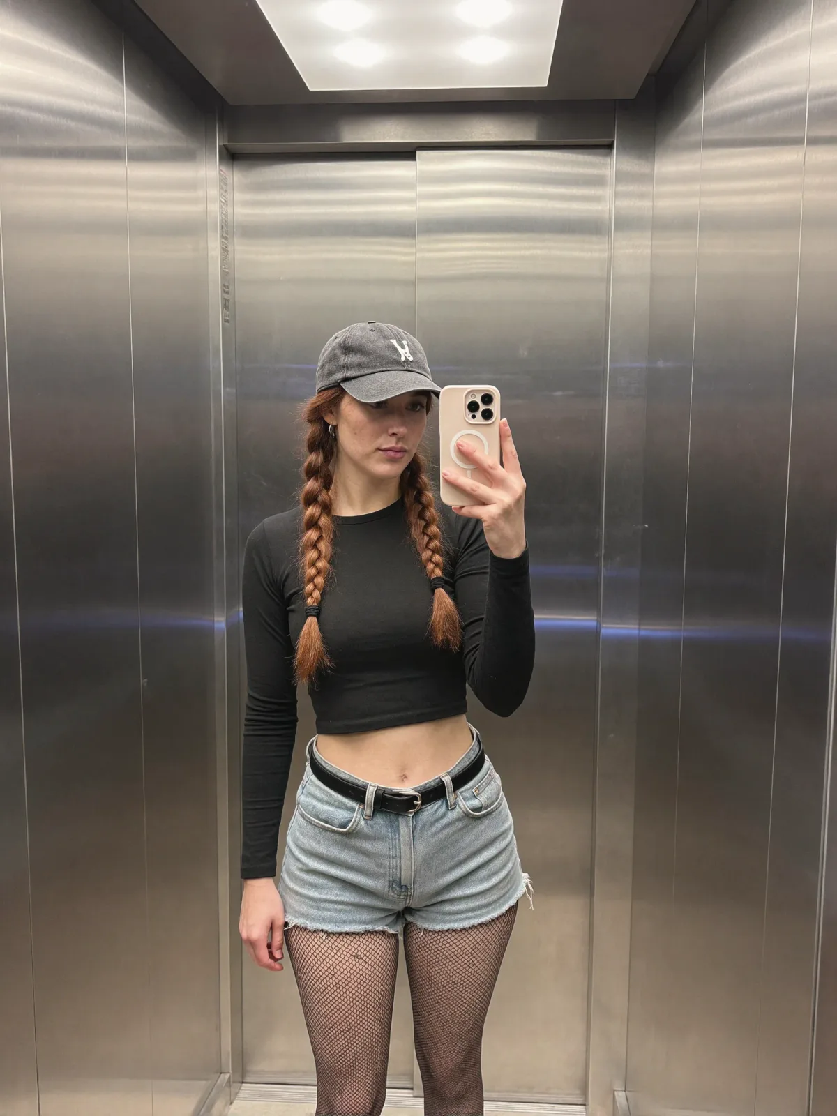 AI photo of a woman with long auburn hair: elevator mirror selfie in denim shorts, made with KREA 2