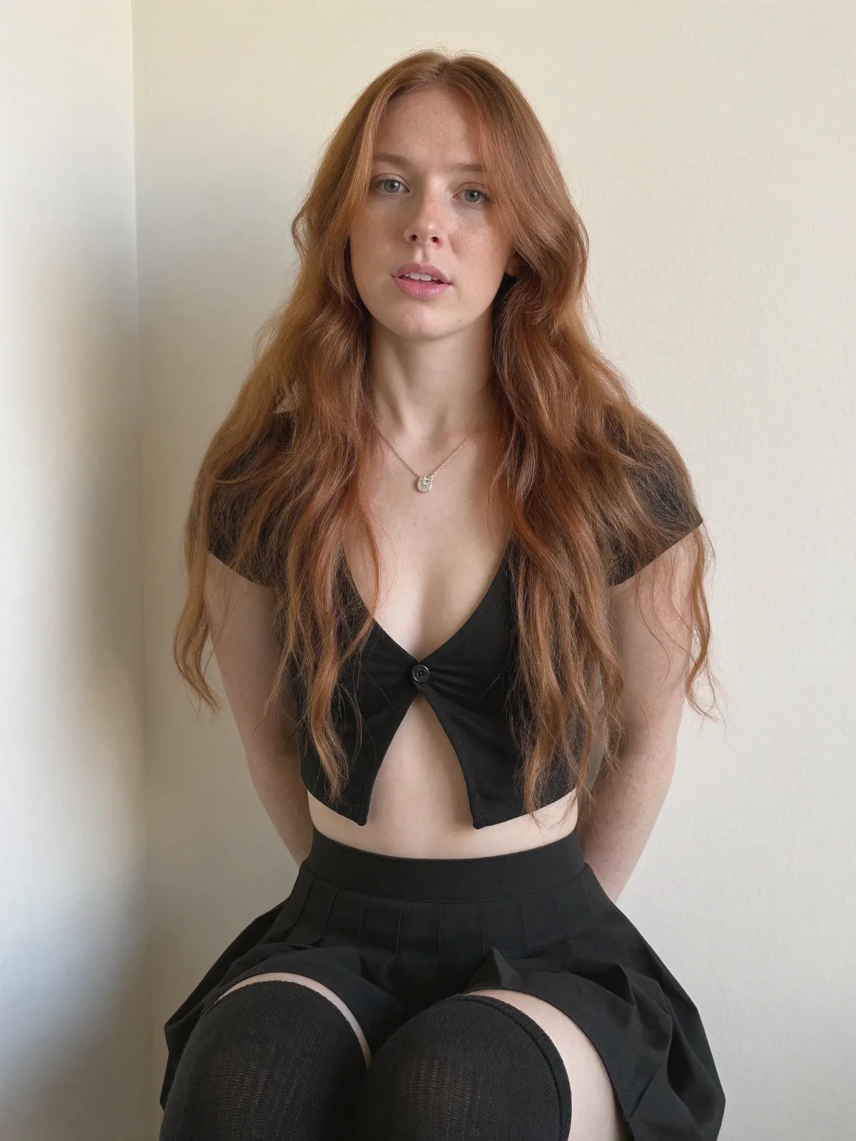 AI photo of a woman with long wavy copper-red hair: knotted crop top and pleated skirt seated pose, made with KREA 2