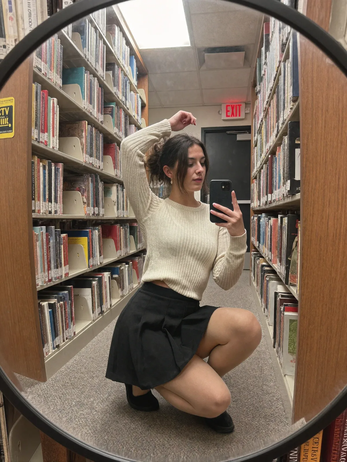 AI photo of a woman with dark brown hair: library mirror selfie, made with KREA 2
