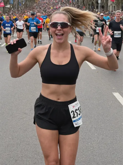 AI photo of a woman with blonde hair: marathon finish peace sign, made with KREA 2