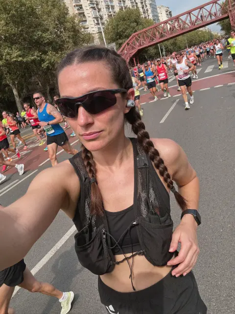 AI photo of a woman with dark brown hair: marathon run with braids and a hydration vest, made with KREA 2