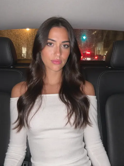 AI photo of a woman with long dark brown hair: off-shoulder white top in a car at night, made with KREA 2