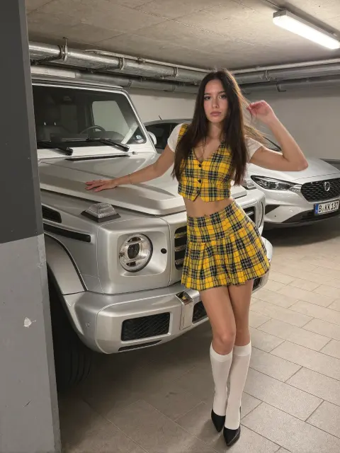 AI photo of a woman with long straight dark brown hair: plaid mini skirt by a G-Wagon, made with KREA 2