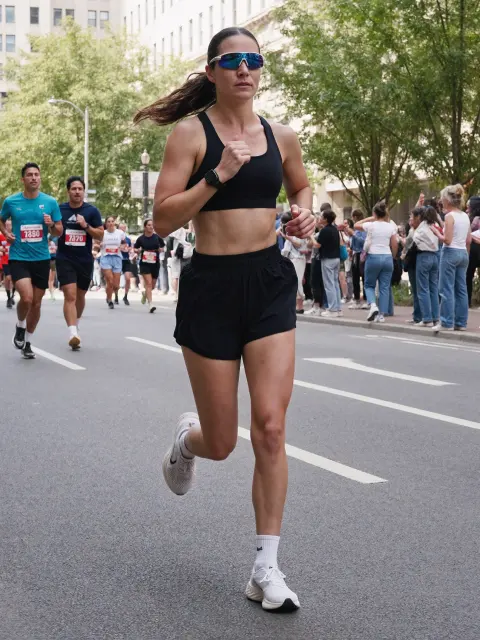 AI photo of a woman with dark hair: race day stride in black activewear, made with KREA 2