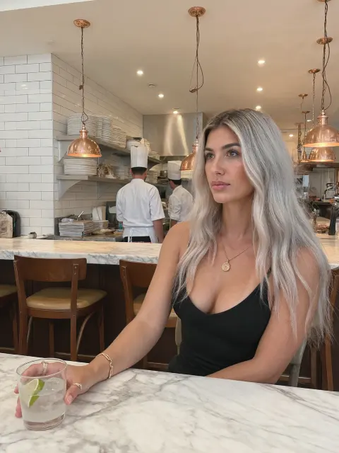 AI photo of a woman with long wavy platinum-silver hair: restaurant counter look in black, made with KREA 2