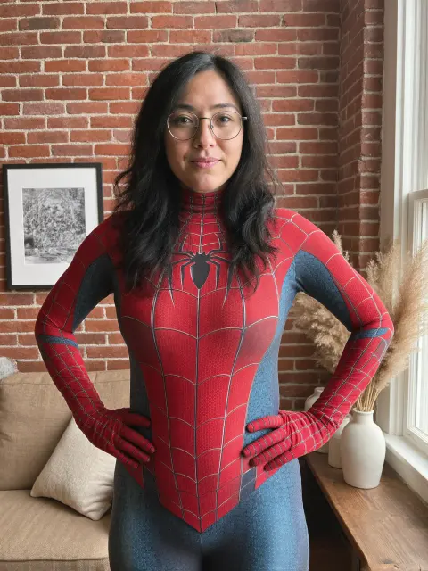 AI photo of a woman with long wavy black hair: spider-Man suit at home, made with KREA 2