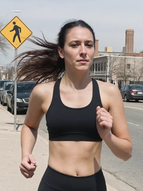AI photo of a woman with dark hair: street run at a crosswalk, made with KREA 2