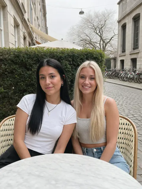AI photo: two friends at a café table, made with KREA 2