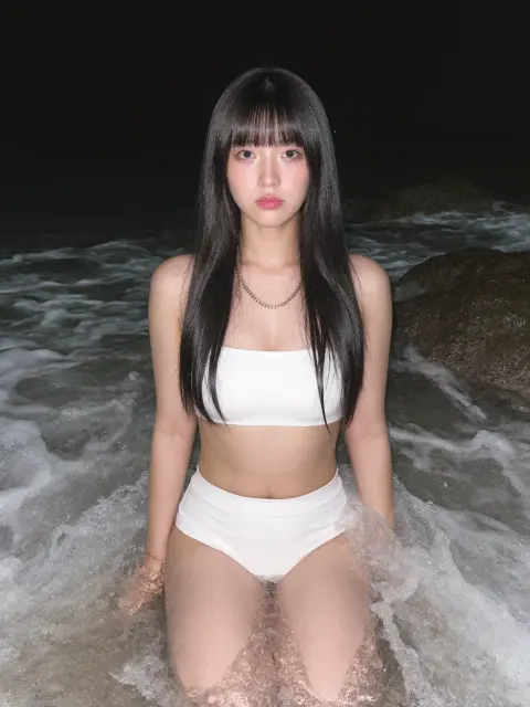 AI photo of a woman with long black hair: white bikini in ocean waves at night, made with KREA 2