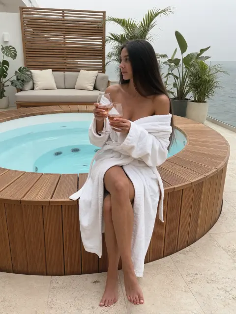AI photo of a woman with very long straight dark brown hair: white robe by a hot tub with wine, made with KREA 2