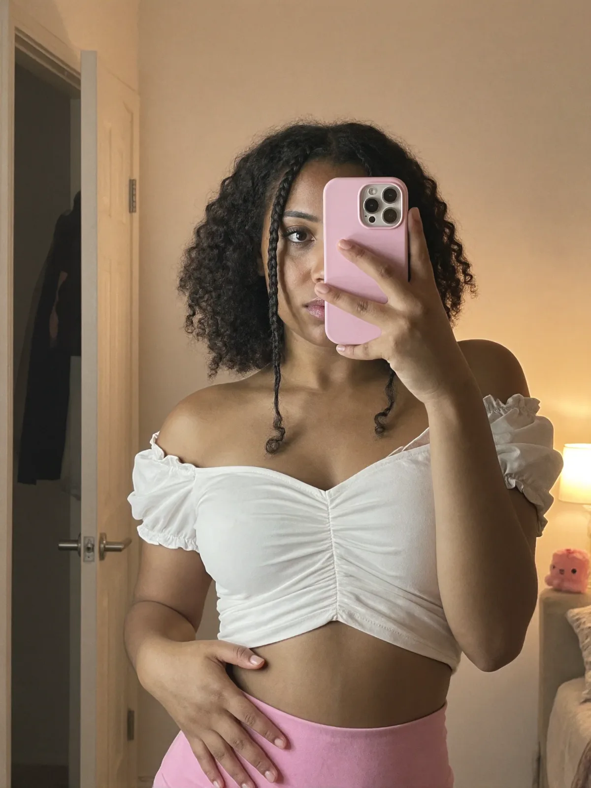 AI photo: white ruffle top and pink shorts mirror selfie, made with KREA 2
